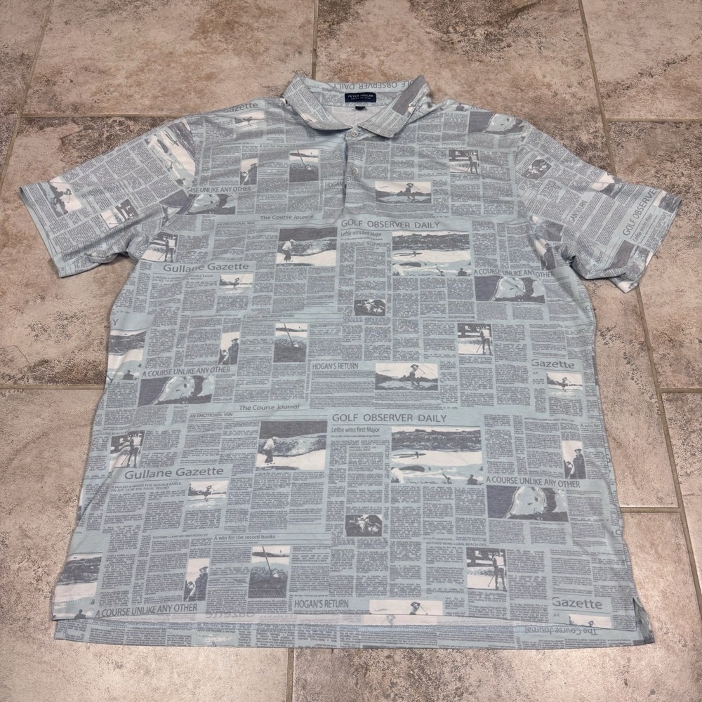 Peter Millar Polo Shirt Men 2XL Blue Crown Crafted AOP Newspaper Print Golf